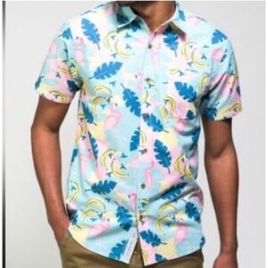 Party Pants Button Down Shirt Mens XL Teal Pink Flamingo Banana Summer Excellent